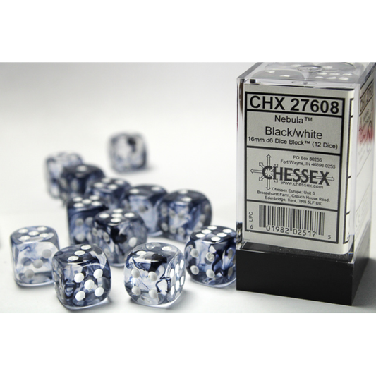 Chessex - 16mm d6 Dice Block (12 dados) - Nebula Black/white