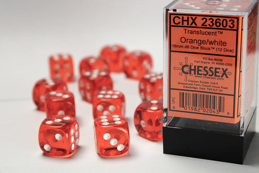 Chessex - 16mm d6 Dice Block (12 dados) - Translucent Orange/white