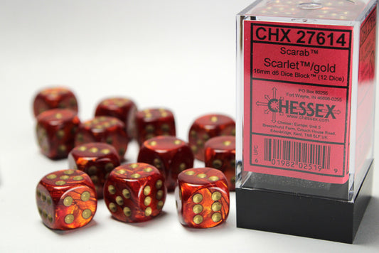 Chessex - 16mm d6 Dice Block (12 dados) - Scarab Scarlet/gold