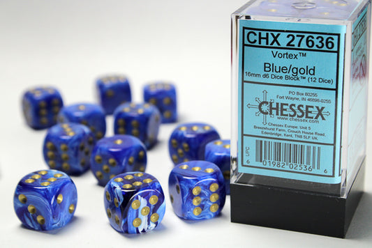 Chessex - 16mm d6 Dice Block (12 dados) - Vortex Blue/gold