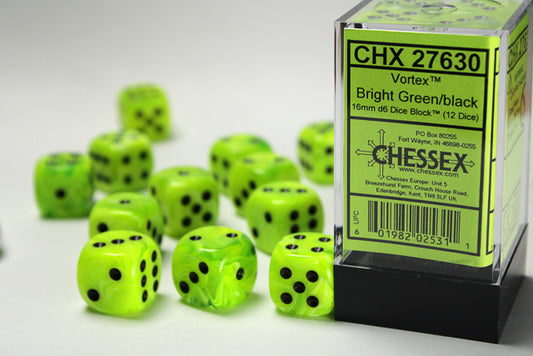 Chessex - 16mm d6 Dice Block (12 dados) - Vortex Bright Green/black