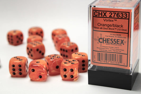 Chessex - 16mm d6 Dice Block (12 dados) - Vortex Orange/black
