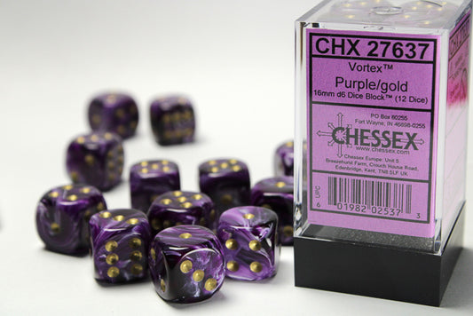 Chessex - 16mm d6 Dice Block (12 dados) - Vortex Purple/gold