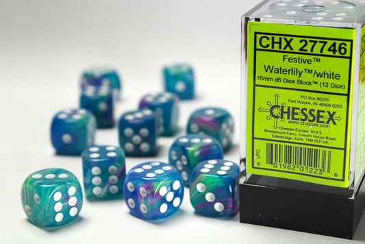 Chessex - 16mm d6 Dice Block (12 dados) - Festive Waterlily/white