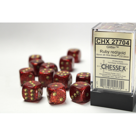 Chessex - 16mm d6 Dice Block (12 dados) - Glitter Ruby/gold