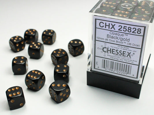 Chessex - 12mm d6 Dice Block (36 dados) - Black w/gold