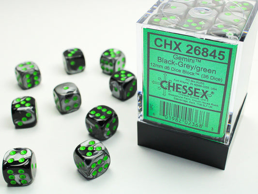 Chessex - 12mm d6 Dice Block (36 dados) - Black-Grey w/green