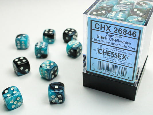 Chessex - 12mm d6 Dice Block (36 dados) - Black-Shell w/white