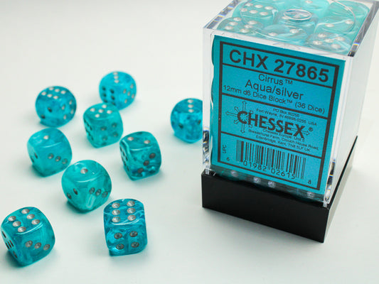 Chessex - 12mm d6 Dice Block (36 dados) - Cirrus Aqua w/silver