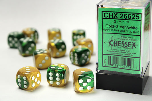 Chessex - 16mm d6 Dice Block (12 dados) - Gemini Gold-Green/white