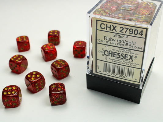 Chessex - 12mm d6 Dice Block (36 dados) - Glitter Ruby/gold