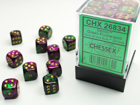 Chessex - 12mm d6 Dice Block (36 dados) - Green-Purple w/gold