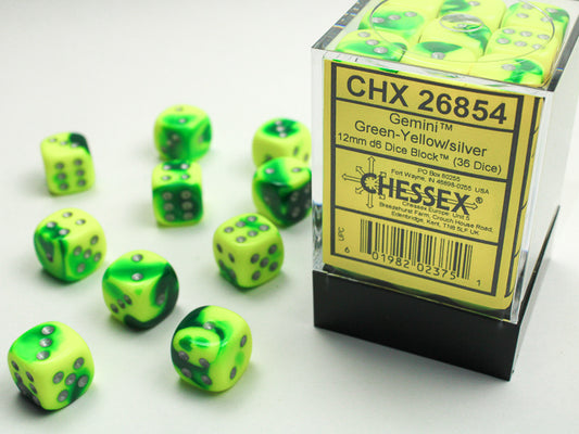 Chessex - 12mm d6 Dice Block (36 dados) - Green-Yellow w/silver