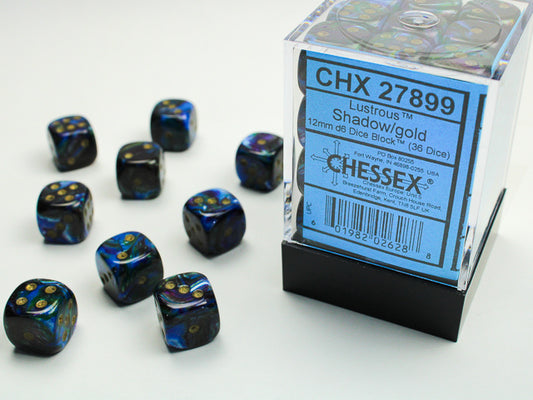Chessex - 12mm d6 Dice Block (36 dados) - Lustrous Shadow w/gold