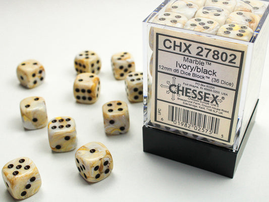 Chessex - 12mm d6 Dice Block (36 dados) - Marble Ivory w/black