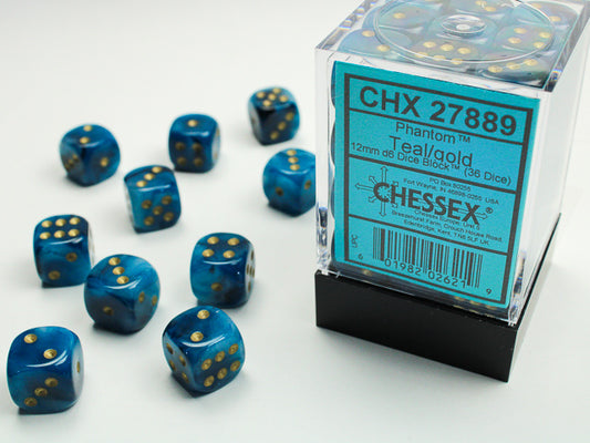 Chessex - 12mm d6 Dice Block (36 dados) - Phantom Teal w/gold