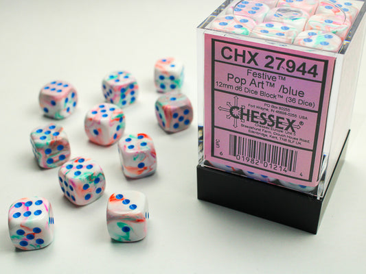 Chessex - 12mm d6 Dice Block (36 dados) - Festive Pop Art /blue