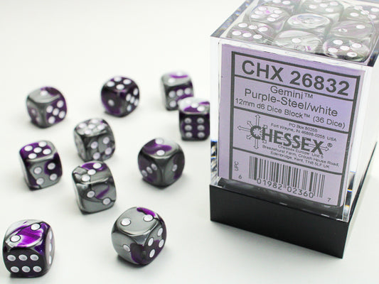 Chessex - 12mm d6 Dice Block (36 dados) - Purple-Steel w/white