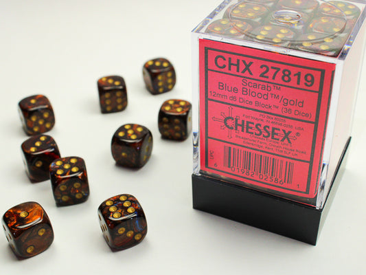 Chessex - 12mm d6 Dice Block (36 dados) - Scarab Blue Blood w/gold