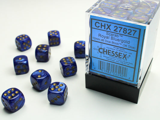 Chessex - 12mm d6 Dice Block (36 dados) - Scarab Royal Blue w/gold