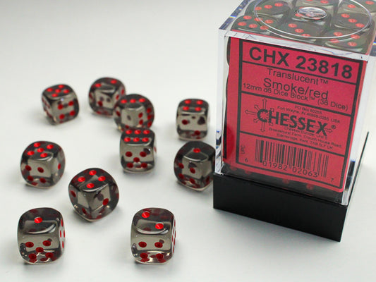 Chessex - 12mm d6 Dice Block (36 dados) - Smoke w/red