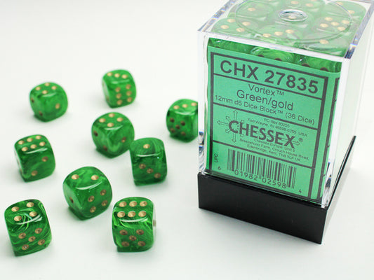 Chessex - 12mm d6 Dice Block (36 dados) - Vortex Green w/gold