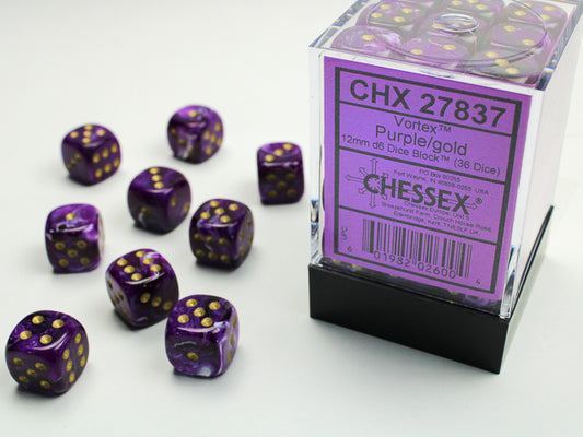 Chessex - 12mm d6 Dice Block (36 dados) - Vortex Purple w/gold