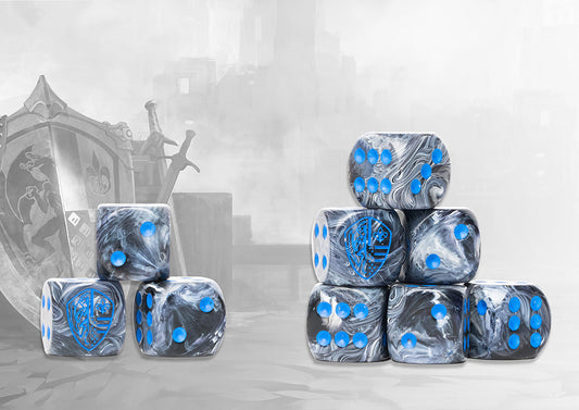 [PREPEDIDO] Hundred Kingdoms: Dice with logo on Grey Marbled Dice with Navy Pips - 24 per pack