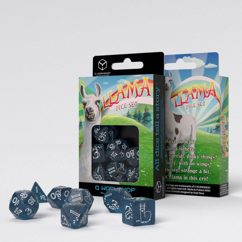 Shimmering Llama Dice Set (Glittering dark blue & white)